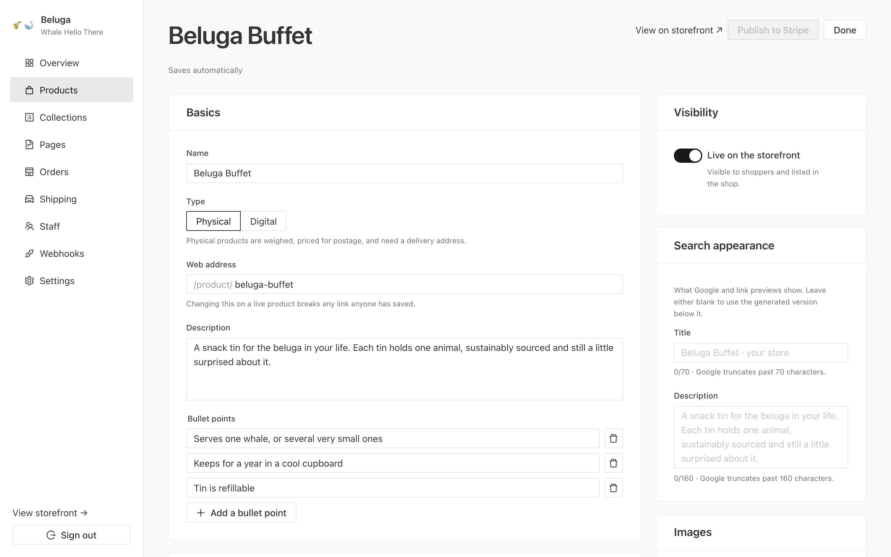 The admin product editor for Beluga Buffet, with Basics, Visibility and Search appearance panels and a greyed-out Publish to Stripe button