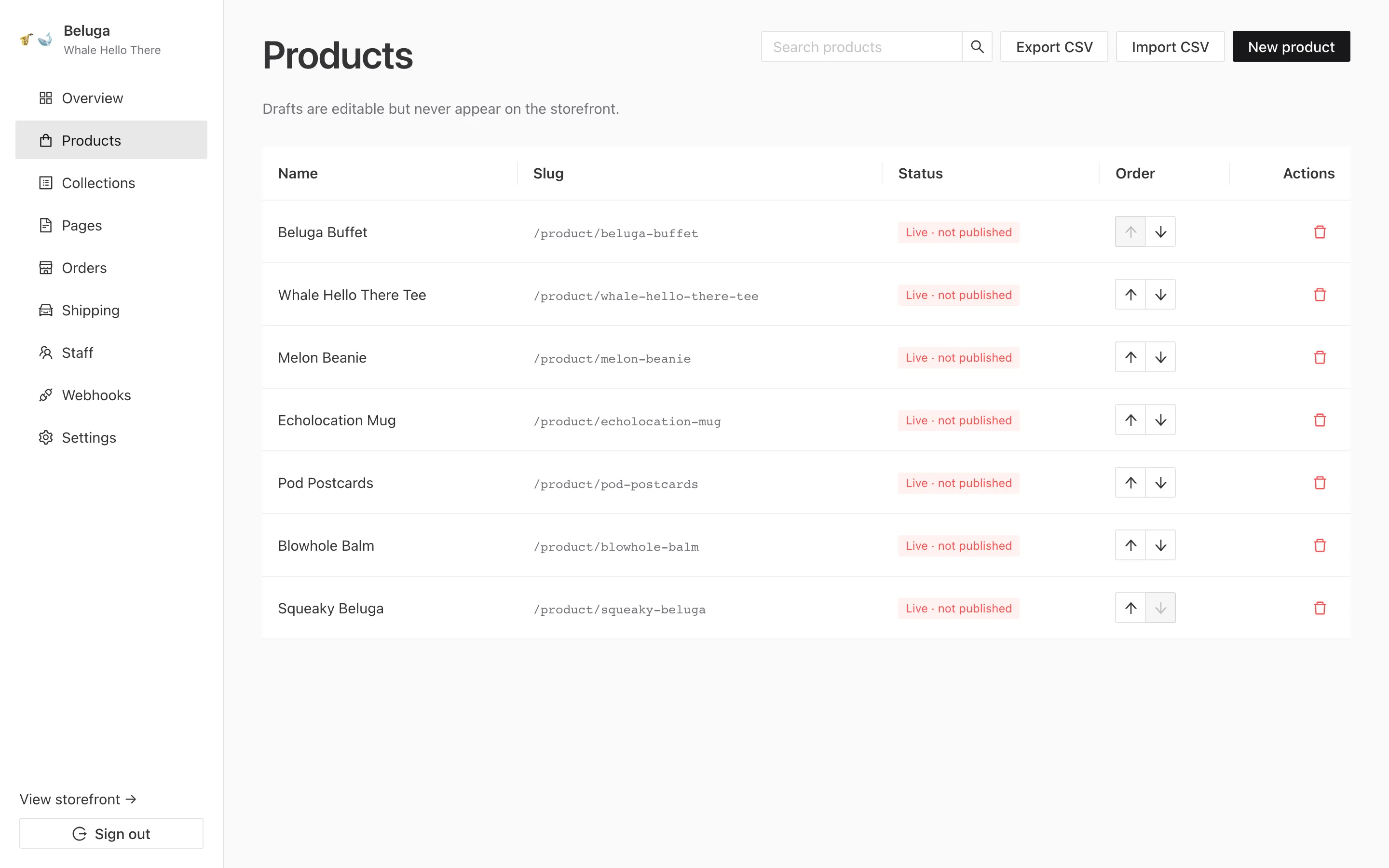 The admin product list: six products in a table of name, slug, status, order and actions, each marked “Live · not published”, above Export CSV, Import CSV and New product buttons