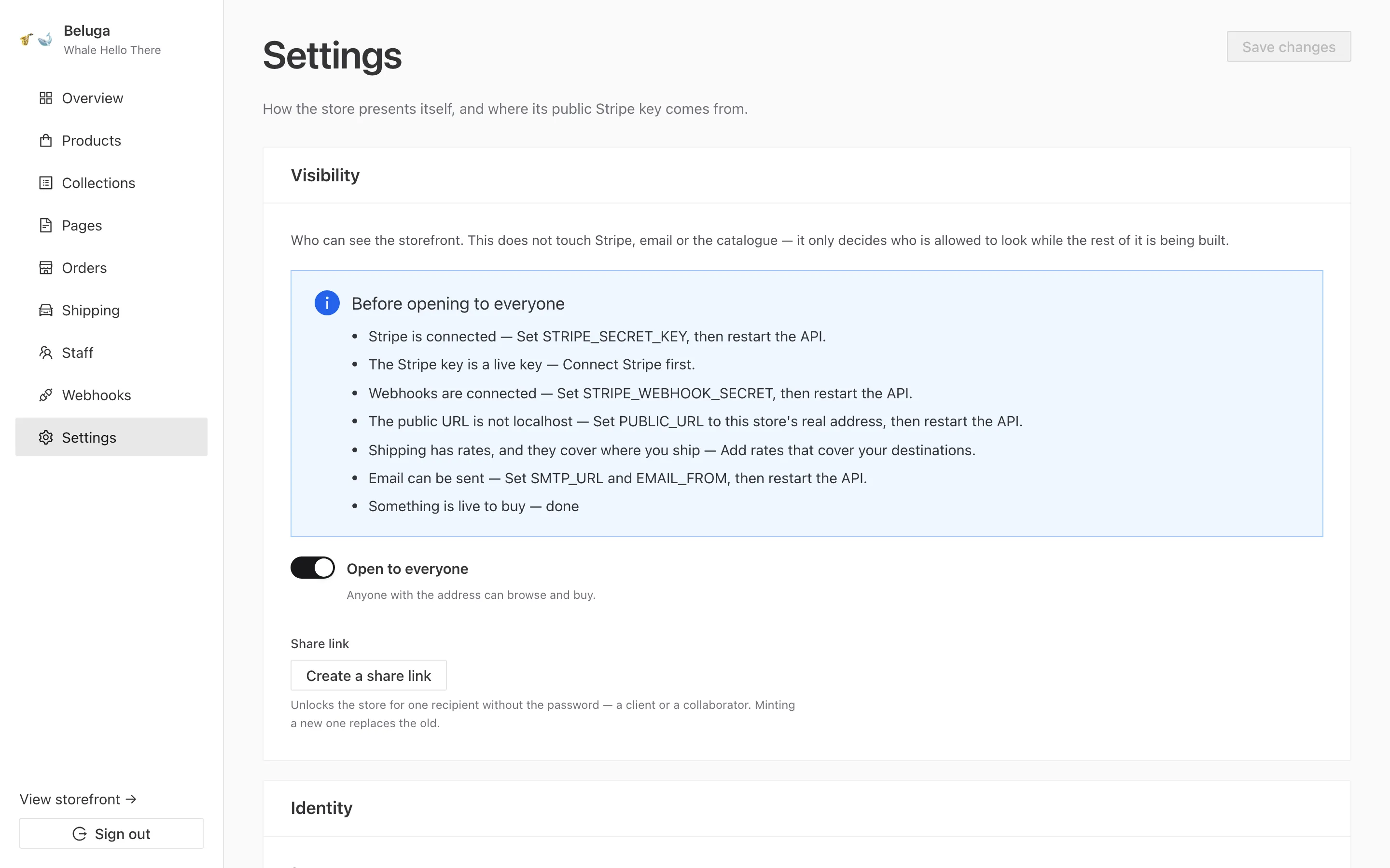 The admin settings page showing store name, currency, language and a publishable-key field