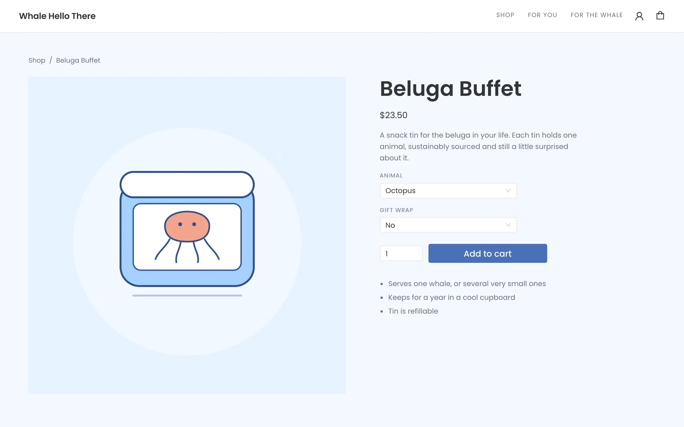 A product page for Beluga Buffet, with an Animal dropdown, a Gift wrap dropdown, a price and an Add to cart button