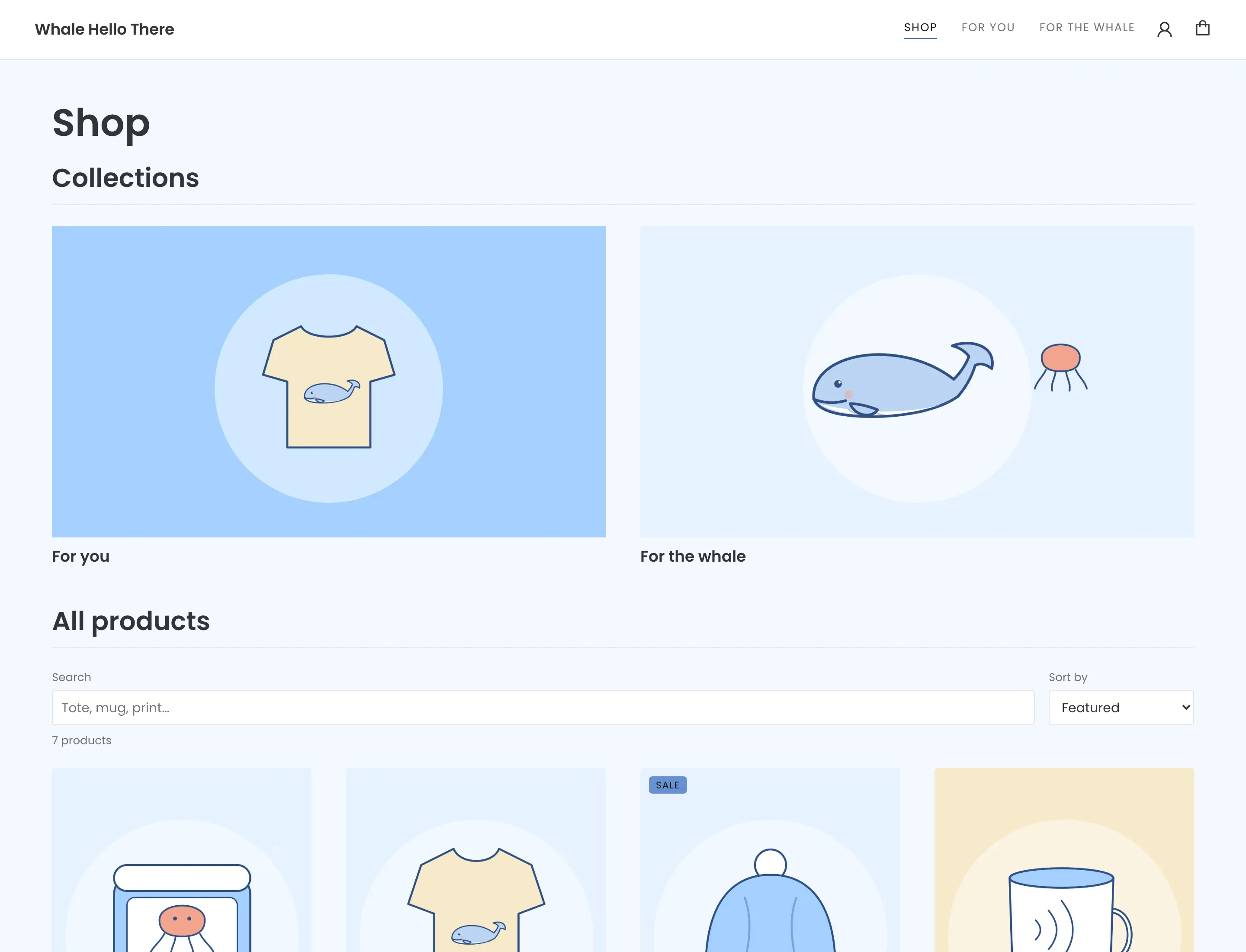 The shop page: two collections with cover images above a searchable, sortable grid of products